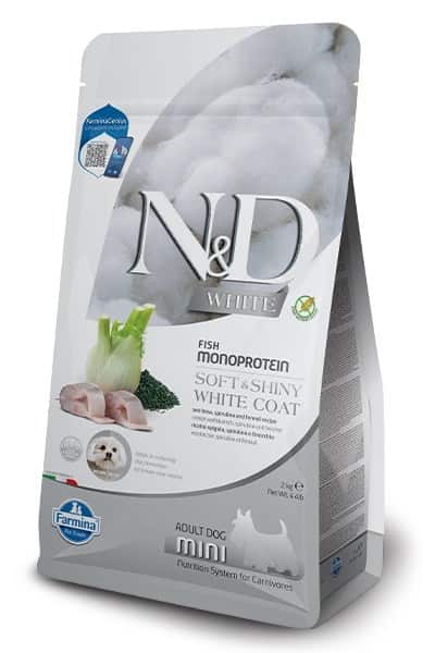 FARMINA N&D WHITE DOG SEA BASS, Spirulina and Fennel Adult Mini - sucha karma dla psów ras białych - 2 kg — zdjęcie 1 z 3