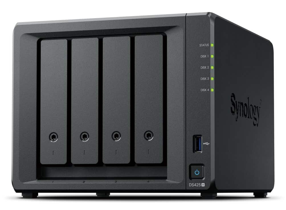 NAS Synology DS425+, Tower, 4x (3.5" SATA HDD/ 2.5" SATA SSD), 2 x M.2, Intel Celeron J4125, 2 GB DDR4 non-ECC (max.6GB), 1x 1GbE RJ-45; 1x 2.5GbE RJ-45, 2x USB 3.2.1 - TYLKO dyski Synology