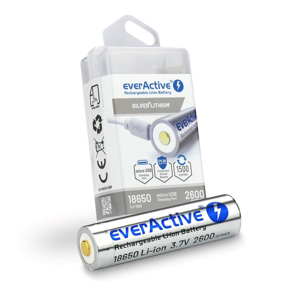 EVERACTIVE AKUMULATOR EVERACTIVE 18650 3,7V LI-ION 2600MAH MICRO USB Z ZABEZPIECZENIEM BOX EV18650-26M — zdjęcie 1 z 5