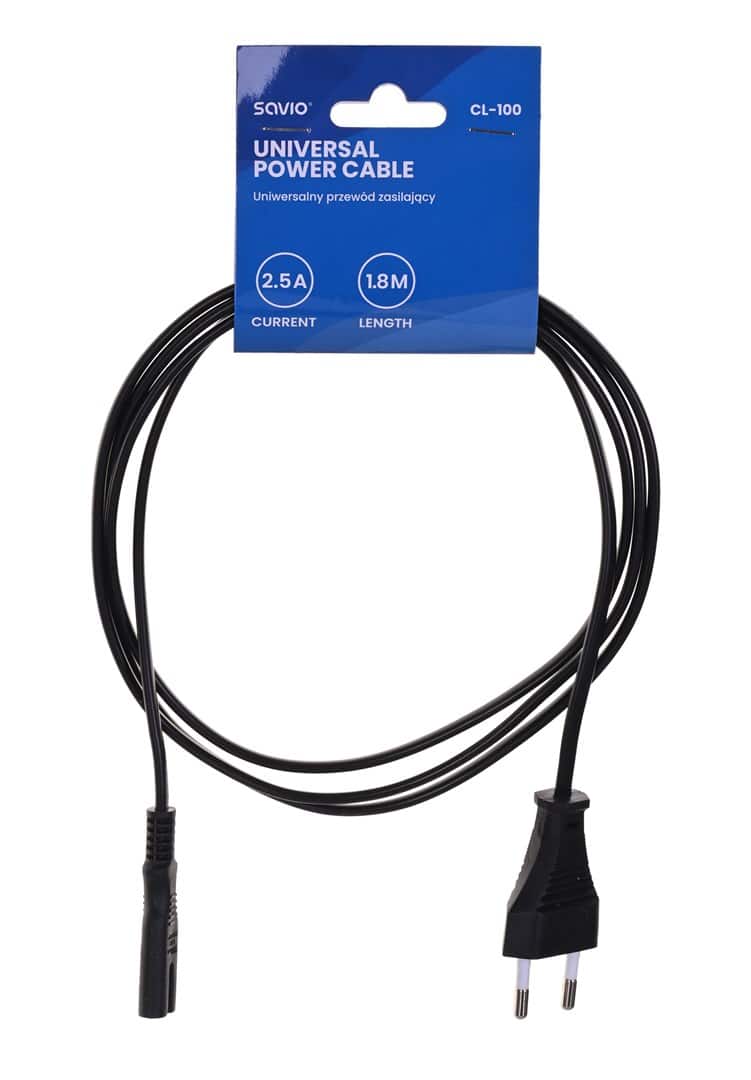 Kabel SAVIO CL-100 (2-Pin F - Euro M; 1,8m; kolor czarny) — zdjęcie 1 z 3