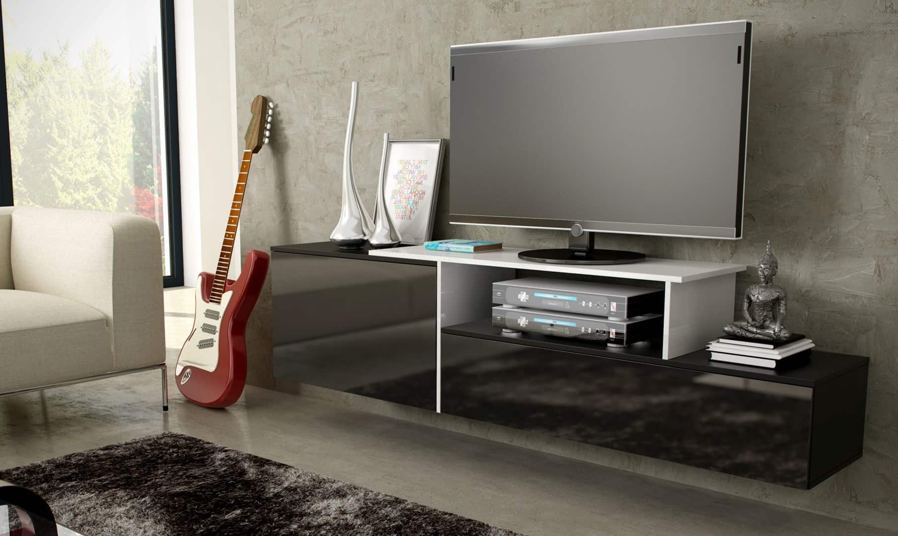 Szafka RTV SIGMA3 180 czarny/czarny połysk + biały — zdjęcie 1 z 5