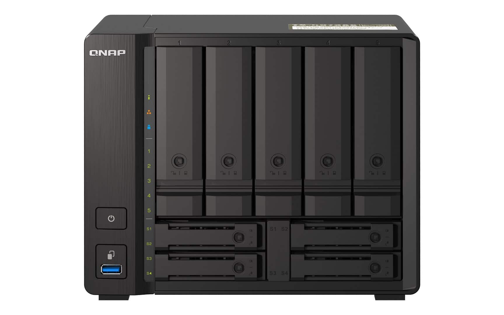 Qnap TS-h973AX-32G, Tower, 5 x 2.5"/3.5" SATA + 2 x 2.5" U.2 NVMe/SATA+ 2 x 2.5" SATA, AMD Ryzen V1500B 4C/8T, 32GBDDR4 SODIMM (Max. 64GB), 2 x 2.5GbE + 1 x 10GbE, External adapter (PSU) — zdjęcie 1 z 6