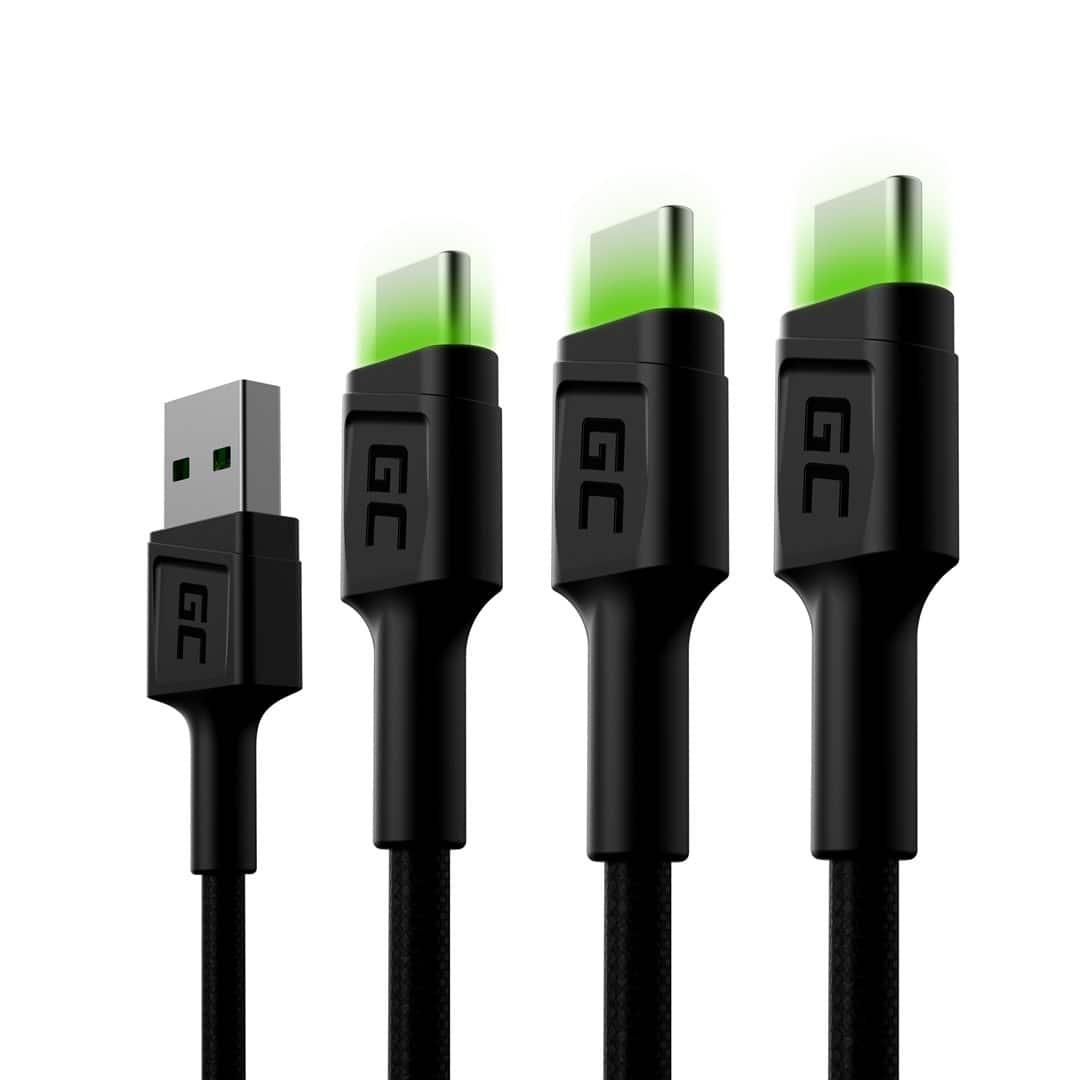 GREEN CELL ZESTAW KABLI KABGCSET03 3X KABEL GC RAY USB - USB-C 30CM, ZIELONY LED — zdjęcie 1 z 3