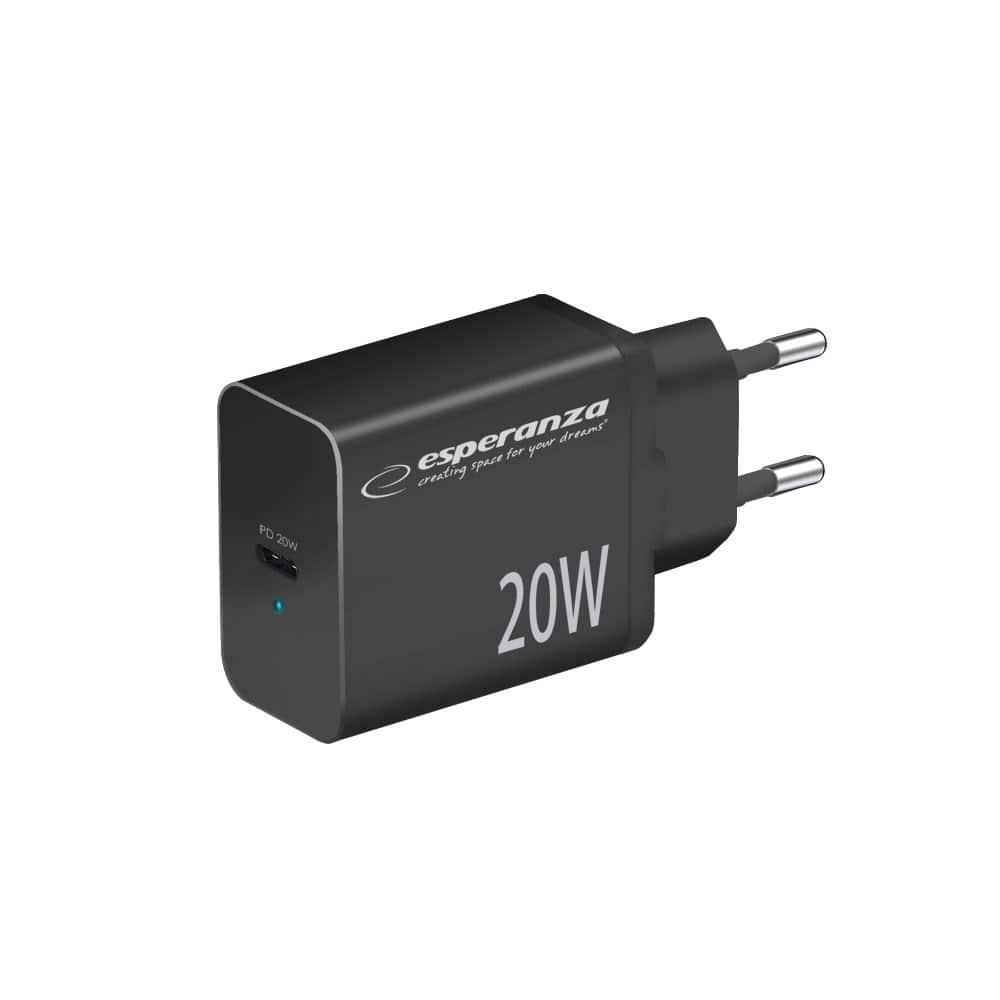 ESPERANZA ŁADOWARKA SIECIOWA 20W USB-C PD CZARNA EZC104K — zdjęcie 1 z 5