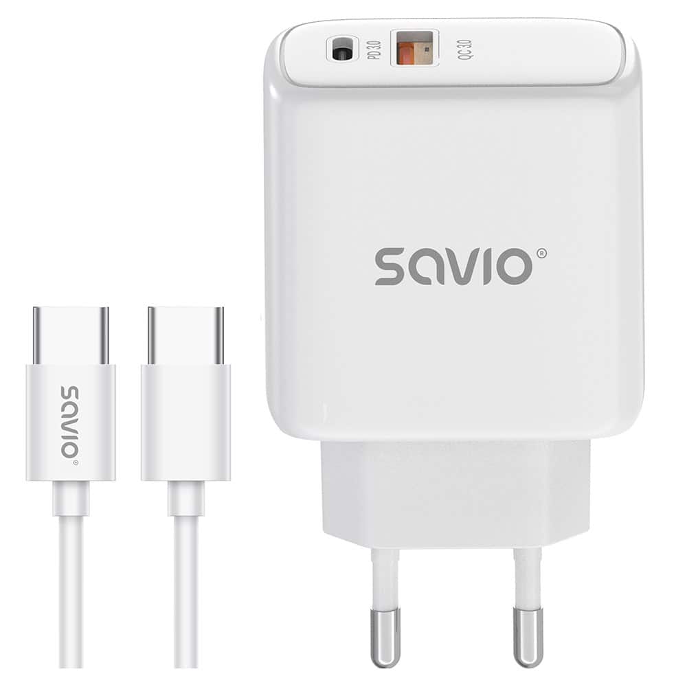 SAVIO ŁADOWARKA SIECIOWA 20W + KABEL QUICK CHARGE POWER DELIVERY 3.0 BIAŁA LA-13 — zdjęcie 1 z 3