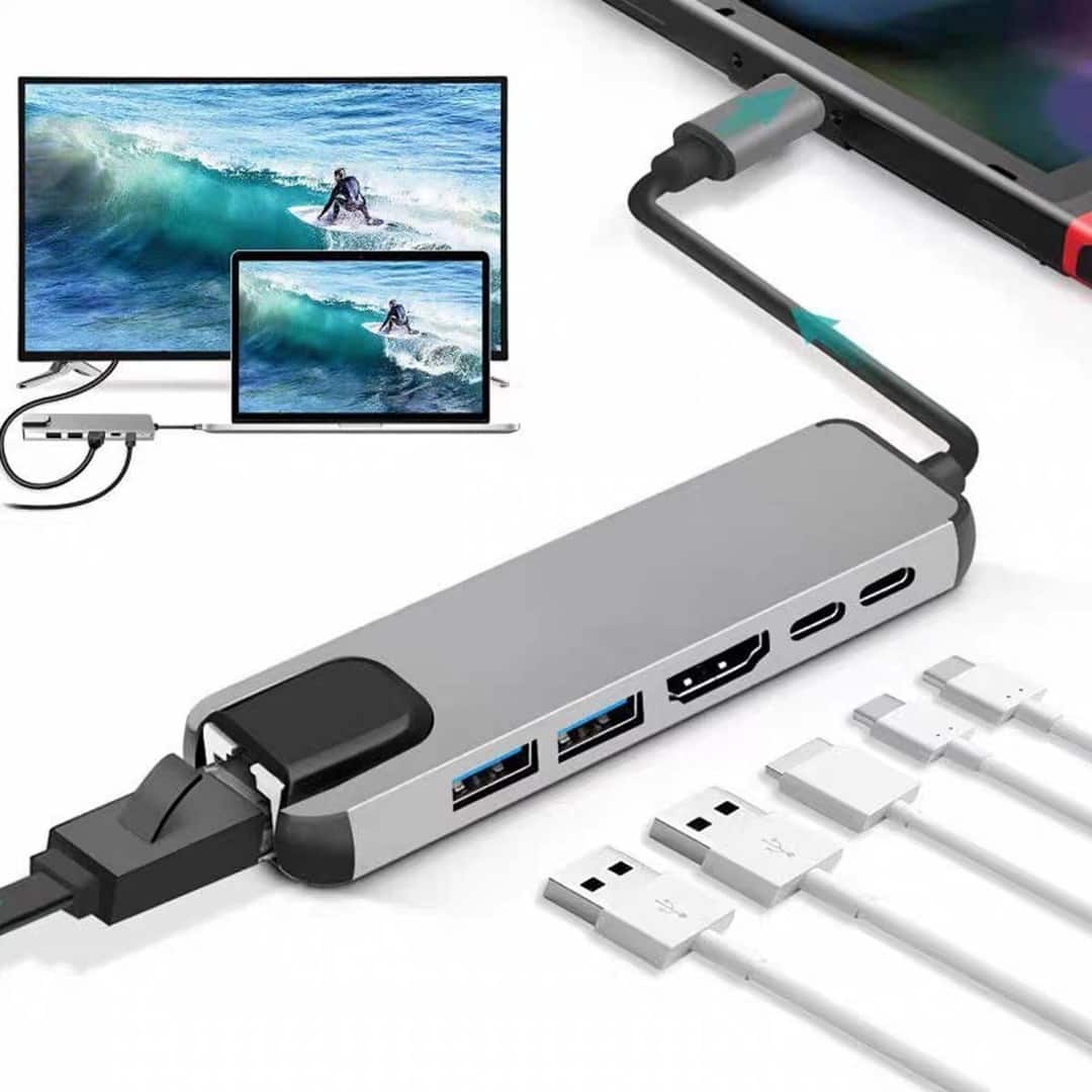 GEMBIRD MULTI ADAPTER USB TYPE-C 5W1 (USB AF AND TYPE-C HUB + HDMI + PD+LAN) SZARY — zdjęcie 1 z 3