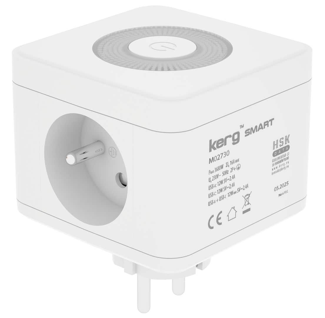 kerg smart – kostka zasilająca 2-gniazdowa + ładowarka USB-A+USB-C + lampka LED 16A/250V~ — zdjęcie 1 z 3