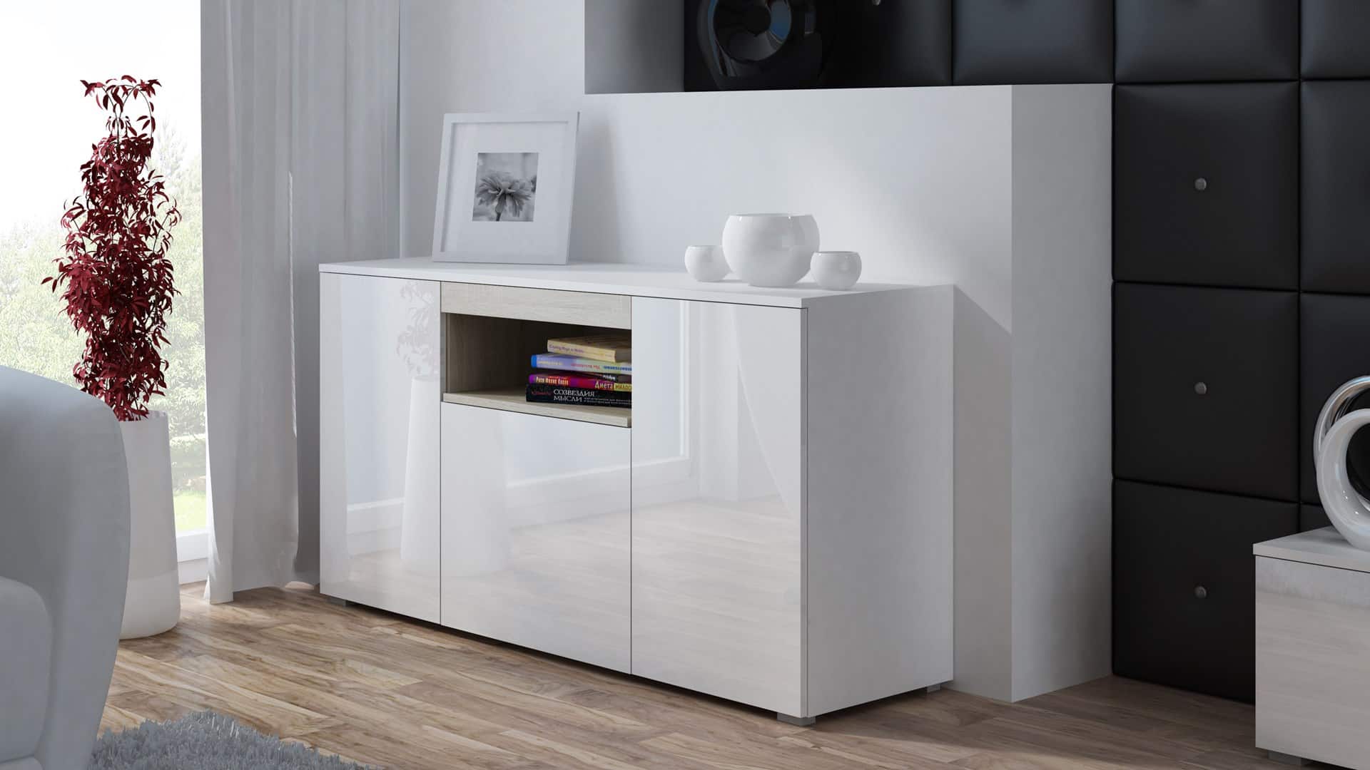 Komoda VIVA 150 biały/biały połysk+dęb sonoma — zdjęcie 1 z 4