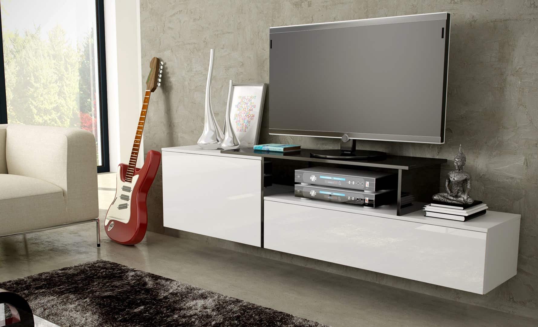 Szafka RTV SIGMA3 180 biały/biały połysk + czarny — zdjęcie 1 z 5
