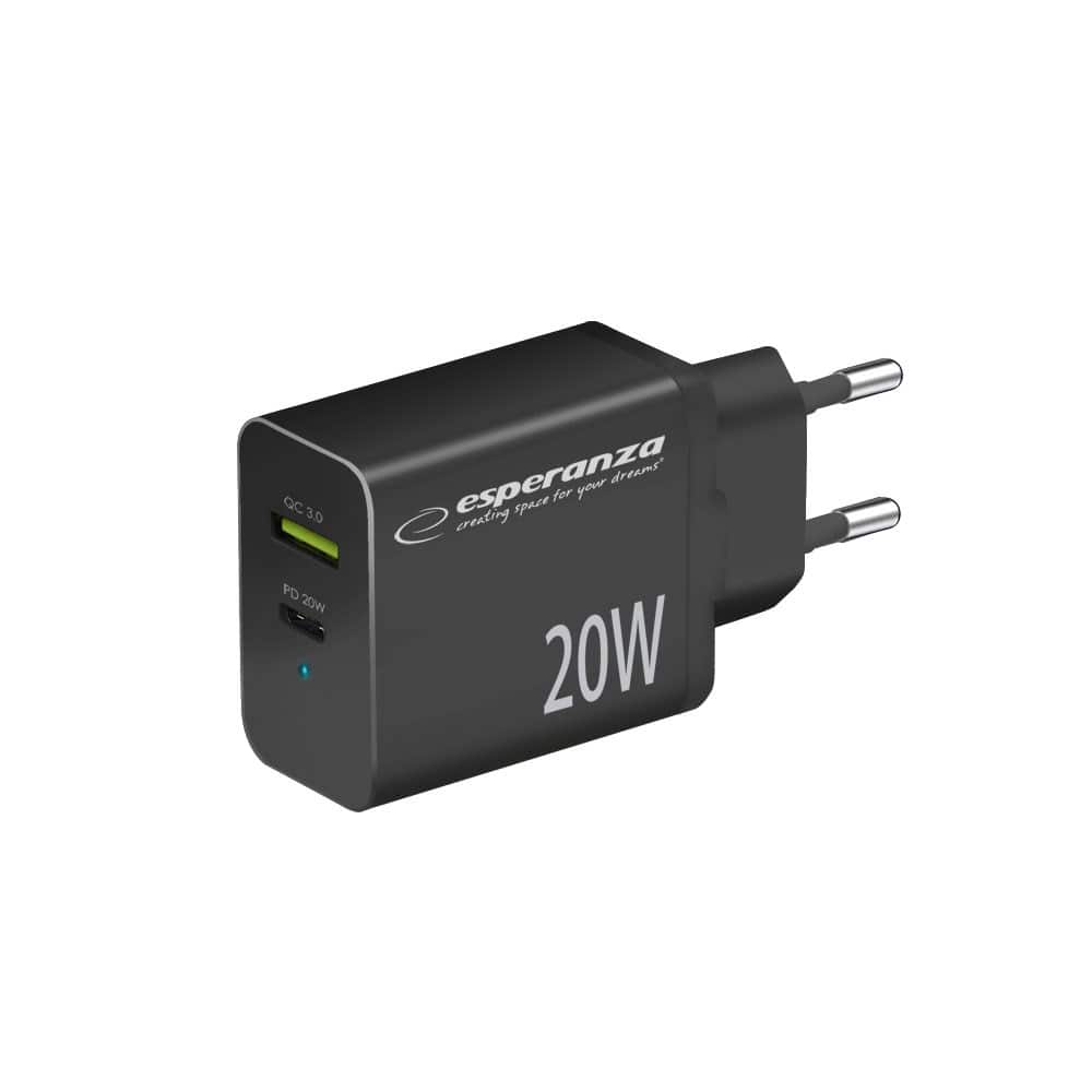 ESPERANZA ŁADOWARKA SIECIOWA 20W USB-C PD 20W / USB-A QC 3.0 18W CZARNA EZC105K — zdjęcie 1 z 5