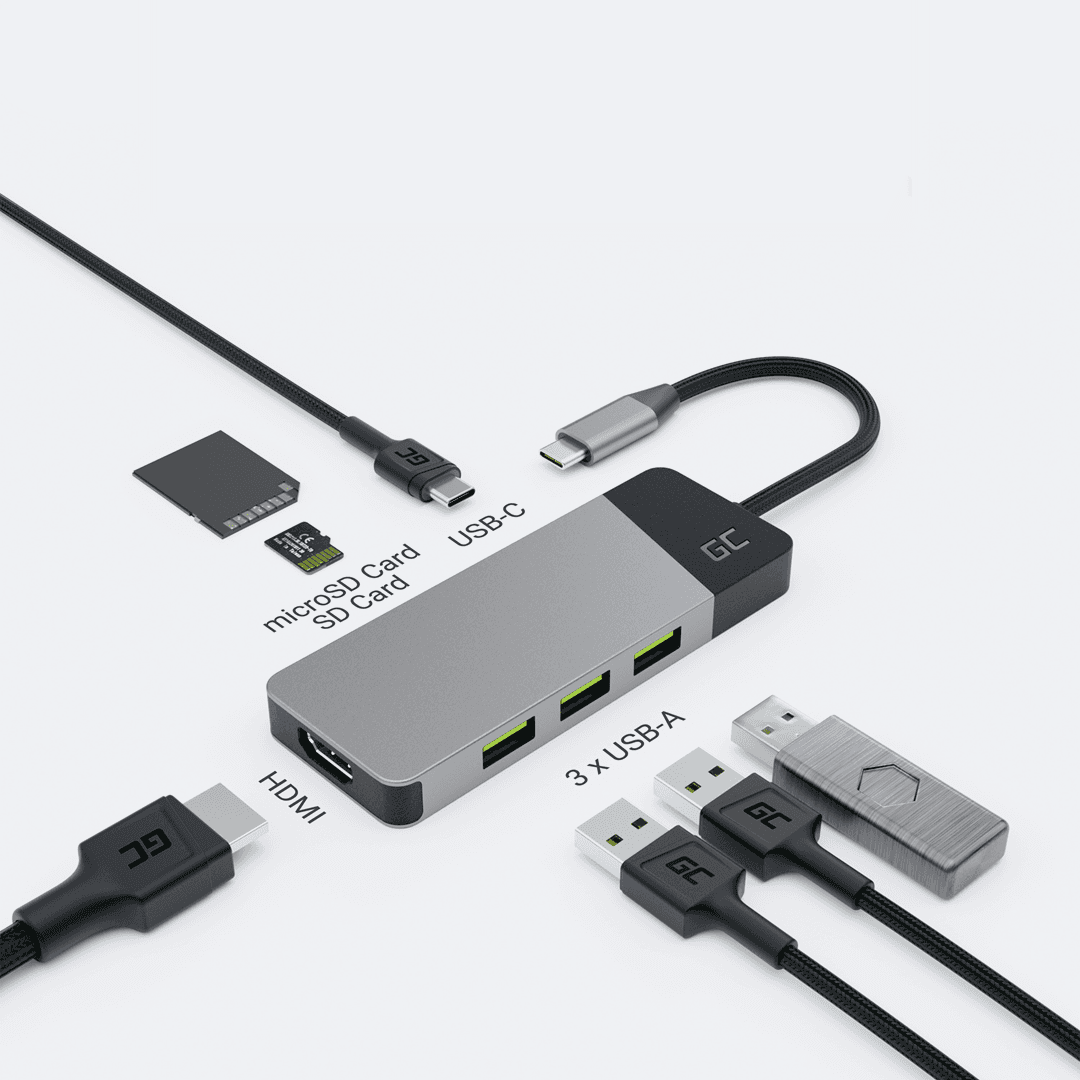 GREEN CELL HUB USB-C ADAPTER GC CONNECT 7W1 - 3 USB 3.1, HDMI 4K, USB-C PD 85W — zdjęcie 1 z 7
