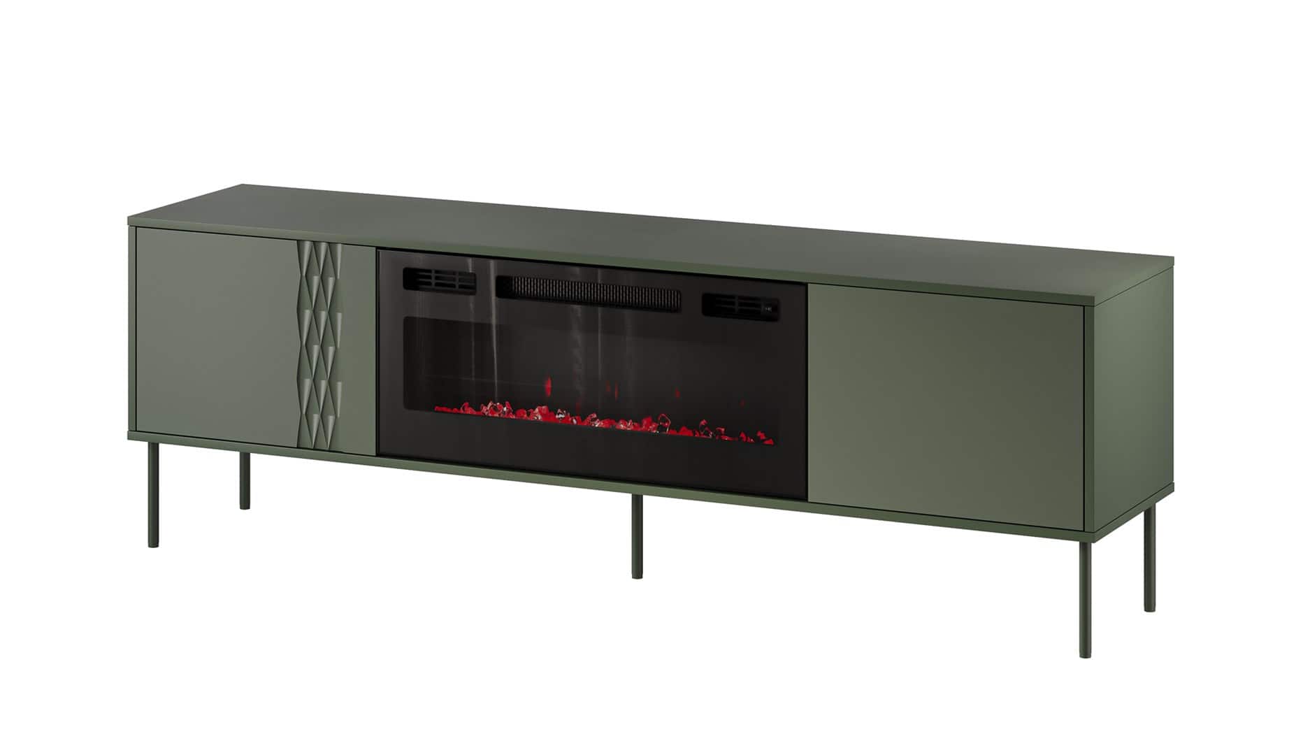 Szafka RTV EF + kominek czarny TRESSE 180x40x54,5 zieleń mat — zdjęcie 1 z 4