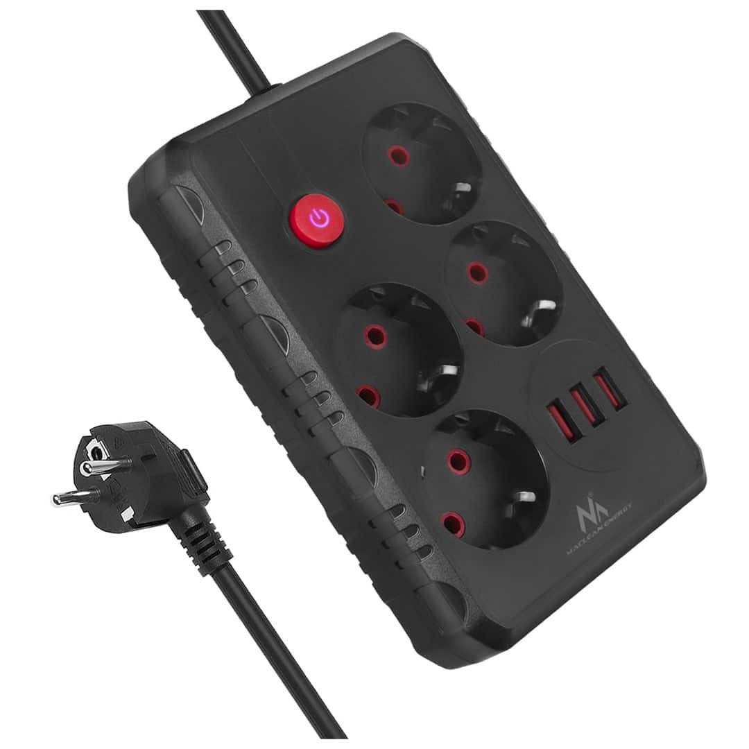 MACLEAN LISTWA ZASILAJĄCA, PRZEDŁUŻACZ 4 GNIAZDA + 3XUSB, 110-240V AC 50/60HZ, 2.1A MAX 2500W, 3M, CZARNA, MCE393 B — zdjęcie 1 z 8