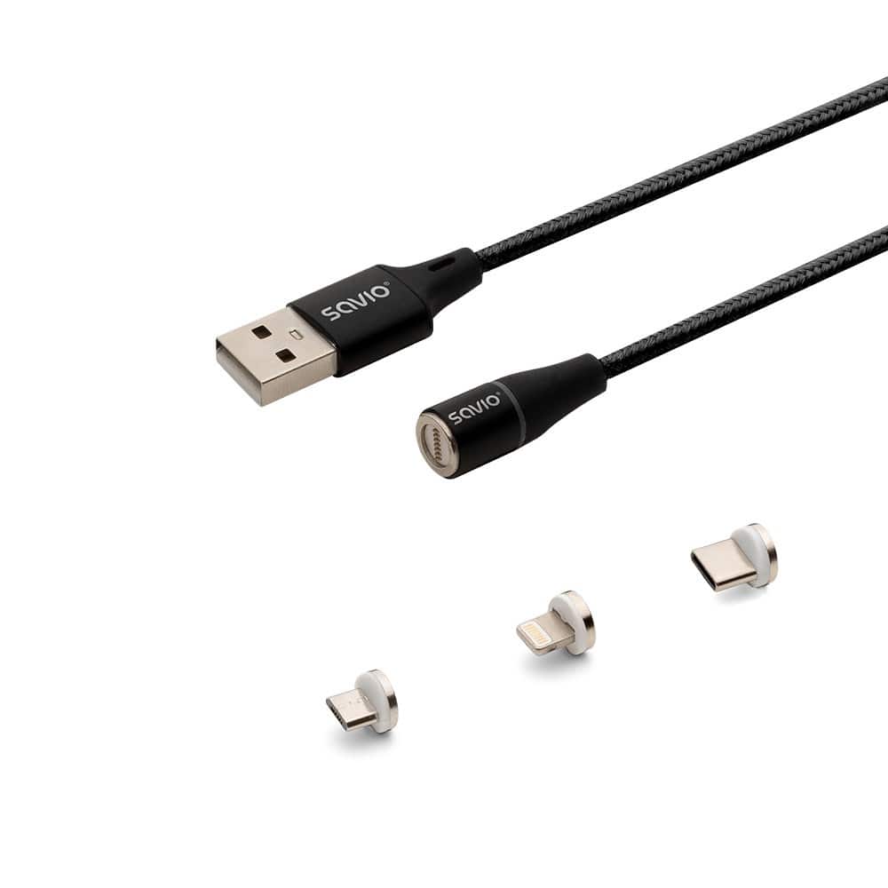 SAVIO KABEL MAGNETYCZNY USB - USB TYP C, MICRO I LIGHTNING, 1M, CZARNY CL-152 — zdjęcie 1 z 5