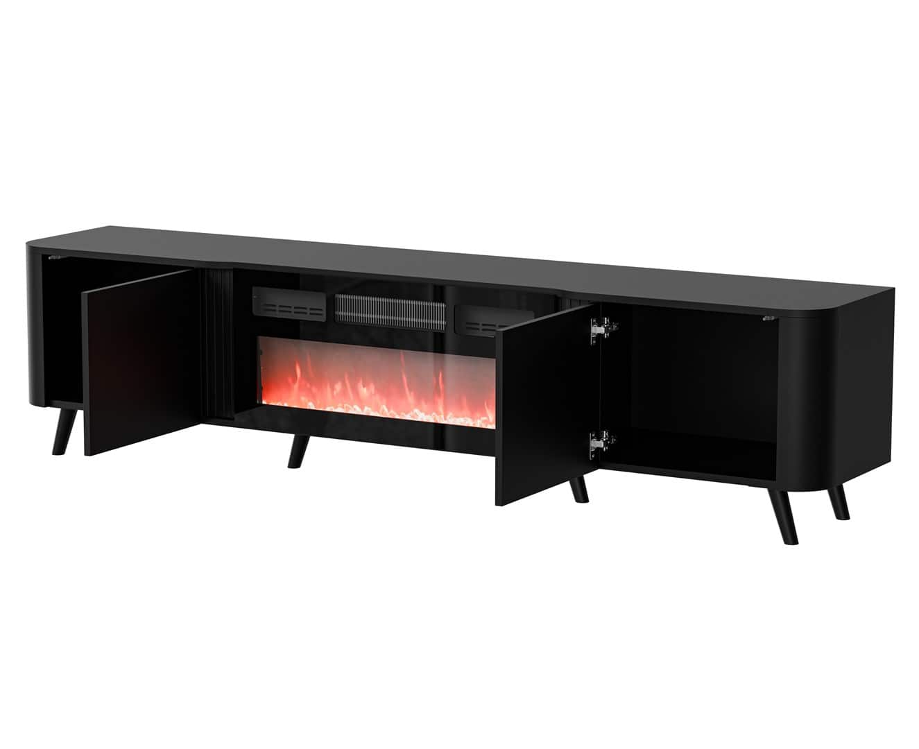 Szafka RTV VOLARE 200x39x49 czarny mat + kominek — zdjęcie 1 z 2