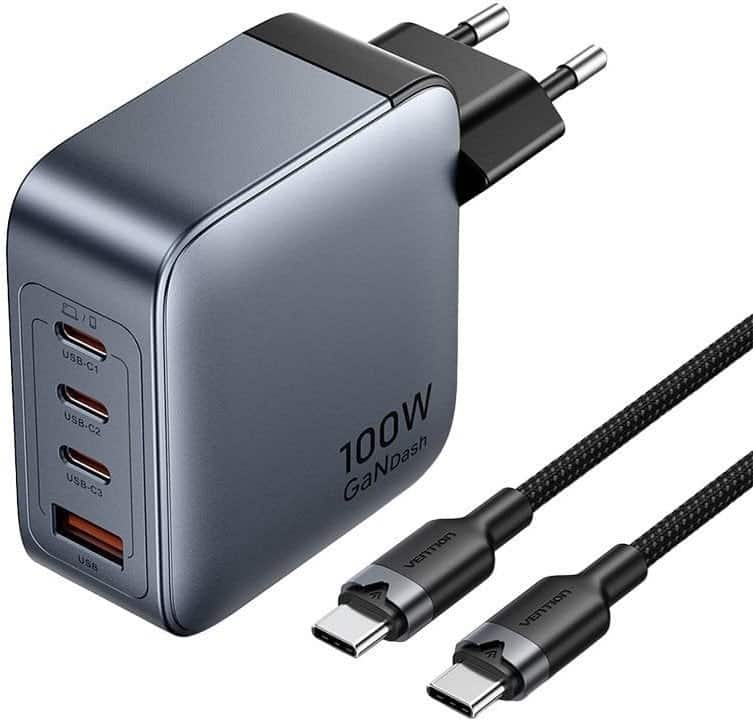Ładowarka Vention 100W GaN 1x USB-A 3x USB-C + kabel USB-C do USB-C 1m — zdjęcie 1 z 3