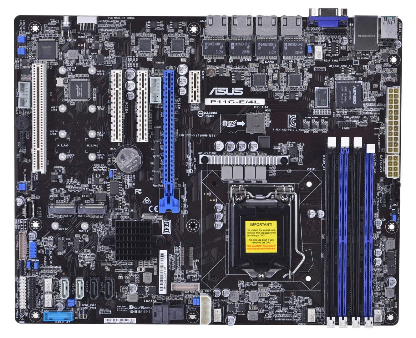 Płyta Serwerowa ASUS P11C-E/4L Xeon® E-21XXX (95W), C246, 4xDIMM, 4 Intel i210AT+1Mgt LAN, 8 SATA, 2 M.2, 1 PCIe x16+ 2 PCIe x8+1 PCI, 2+2 U3.1, ATX — zdjęcie 1 z 3