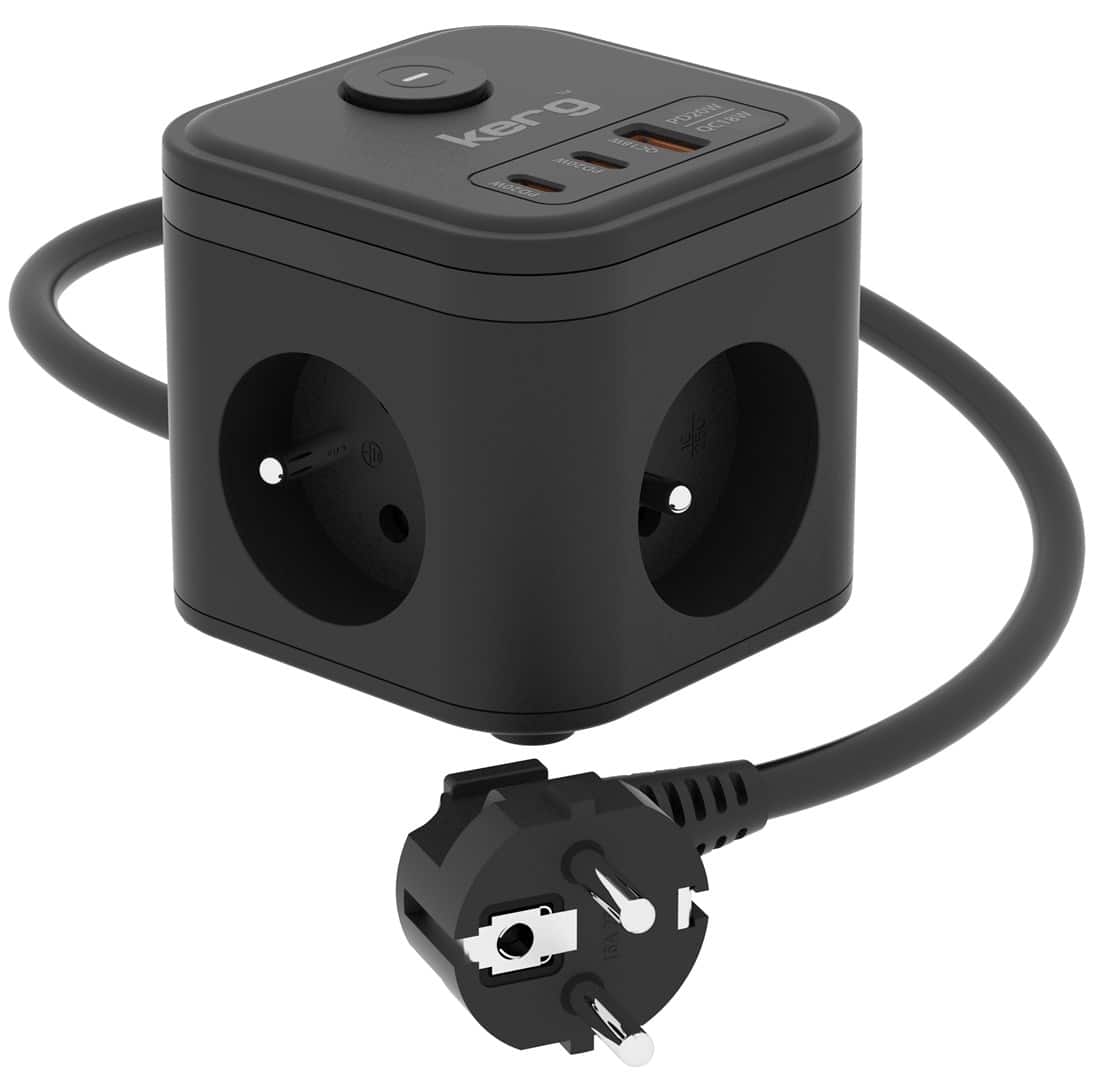 kerg smart – kostka zasilająca 3-gniazdowa + szybka ładowarka USB-A+USB-C 1,5m 3×1,5mm2 H05VV-F 16A/250V~ — zdjęcie 1 z 3