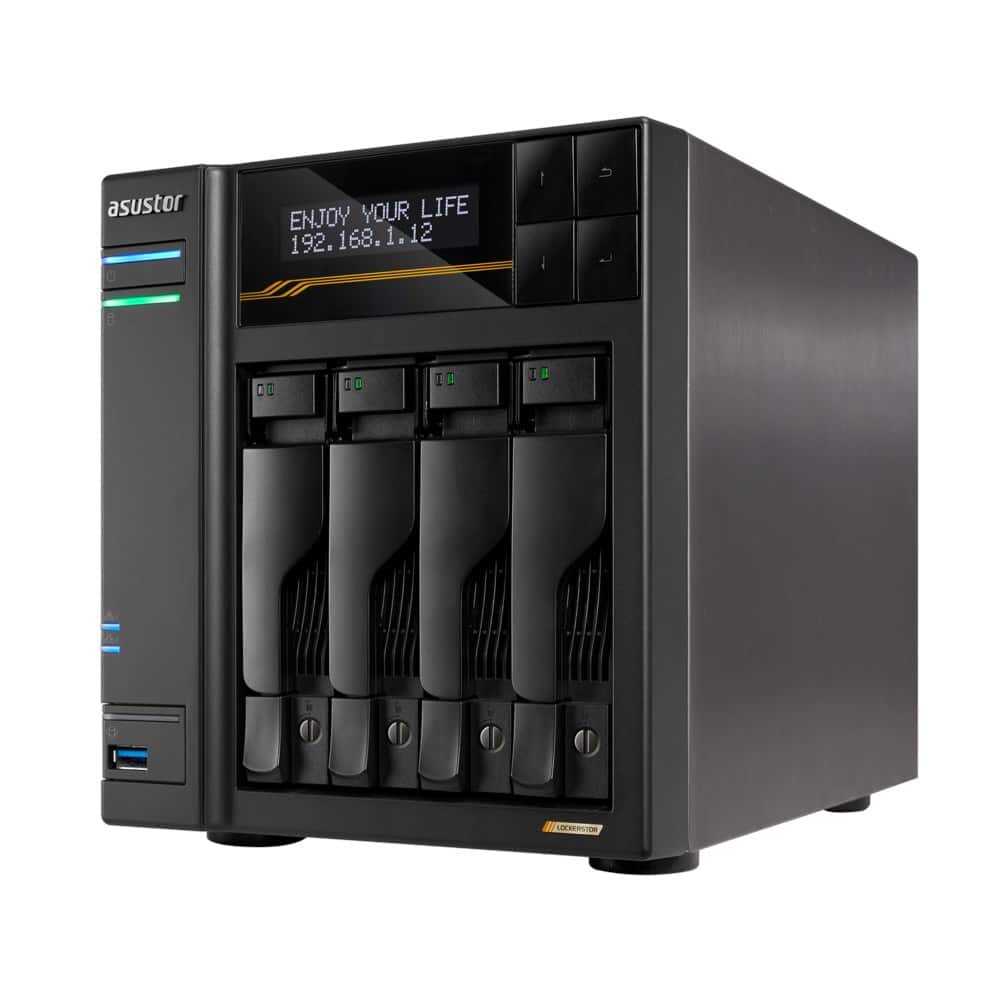 NAS Asustor AS6804T; Tower; 4x (3.5" SATA HDD/ 2.5" SSD); AMD Ryzen Embedded V3C14; 16G ECC DDR5 SODIMM (max. 64GB), 2x 10GbE, 2x 5GbE, 4x M.2 2280 NVMe PCIe 4.0, 2x USB4, 2x USB 3.2 Gen, 1x optional 10 GbE card — zdjęcie 1 z 6