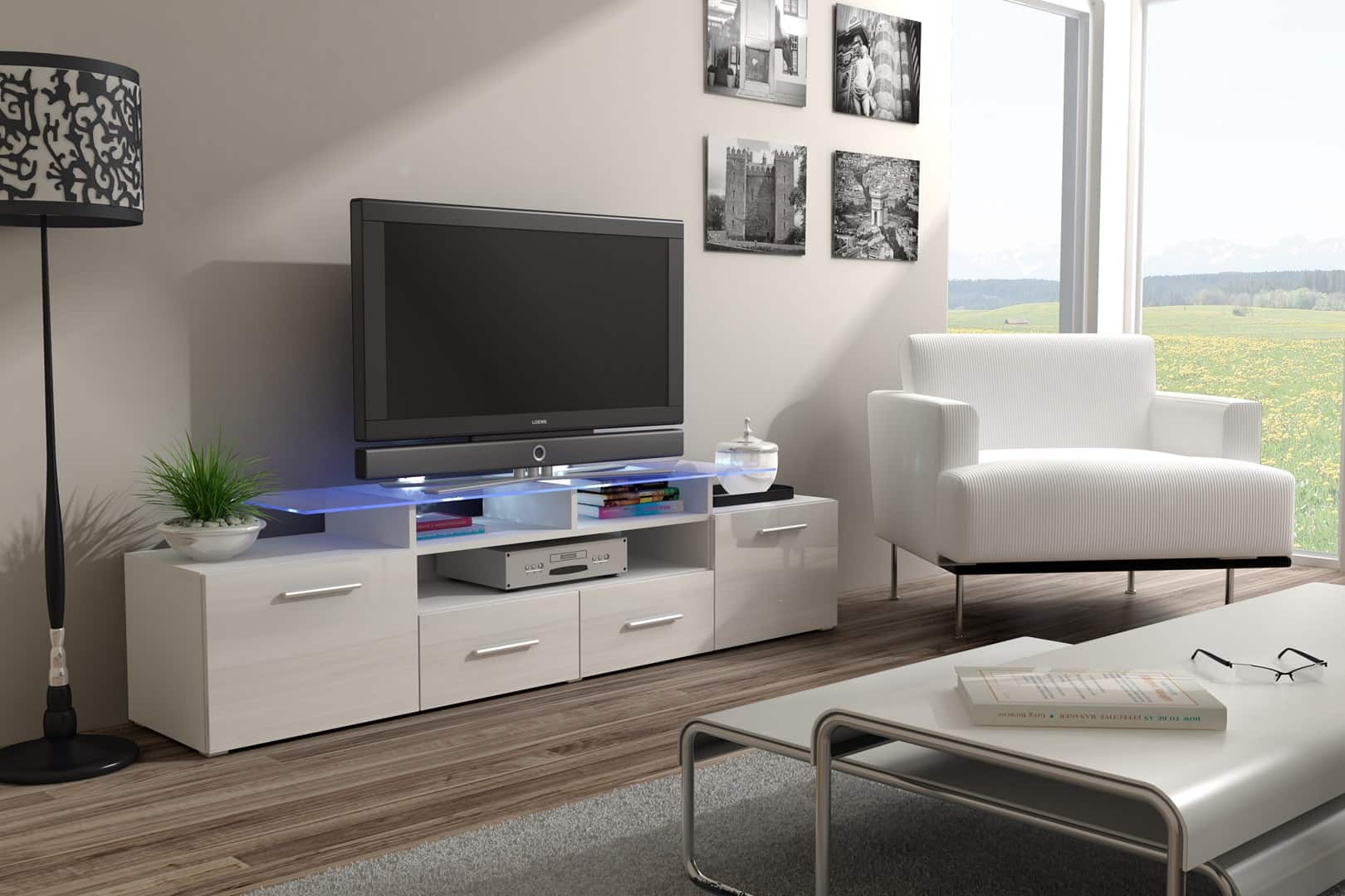 Szafka RTV EVORA 200 biały/biały połysk — zdjęcie 1 z 2