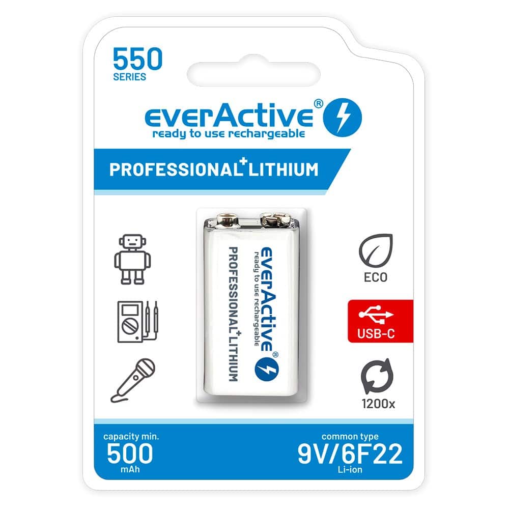 EVERACTIVE AKUMULATOREK 6F22/9V LI-ION 550 MAH Z USB TYP C EVHR22-550C — zdjęcie 1 z 6