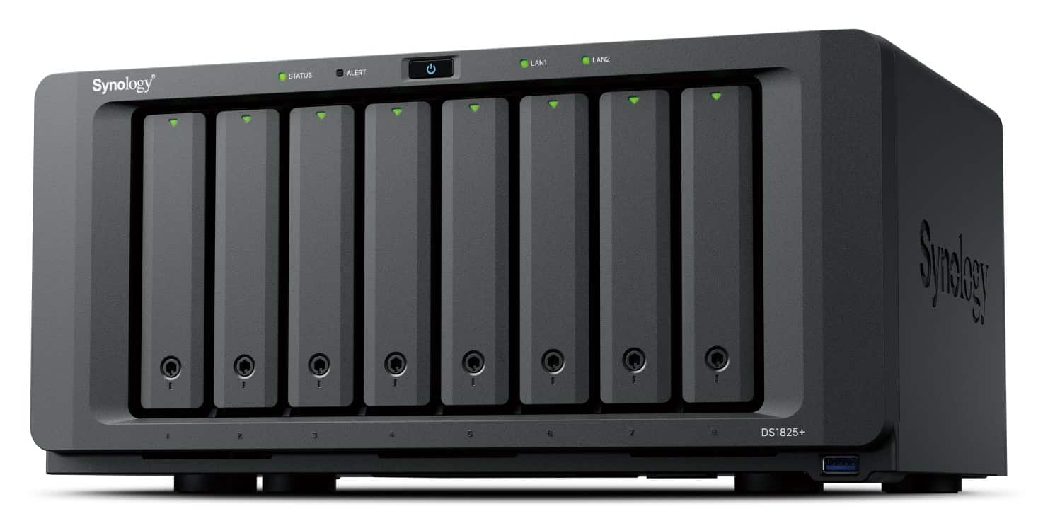 NAS Synology DS1825+, Tower, 8x 2.5"/3.5" SATA + 2x M.2 2280 NVMe SSD, AMD Ryzen V1500B, 8GB DDR4 (max.32GB), 2x 2.5GbE RJ-45, 3x USB 3.2, adapter 250W