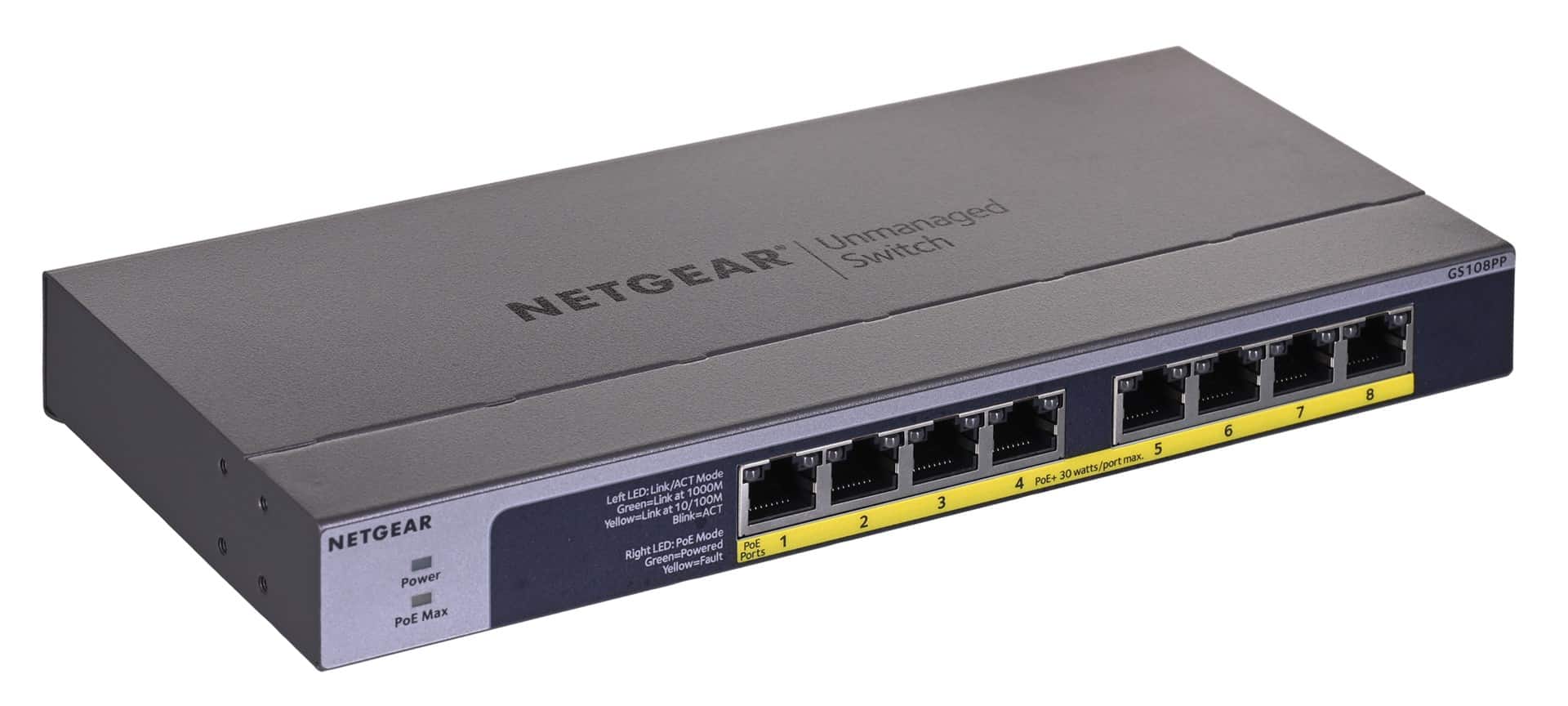 Switch Netgear GS108PP-100EUS 8p PoE 123W (PoE+: 8p) Unmanaged Gigabit — zdjęcie 1 z 8