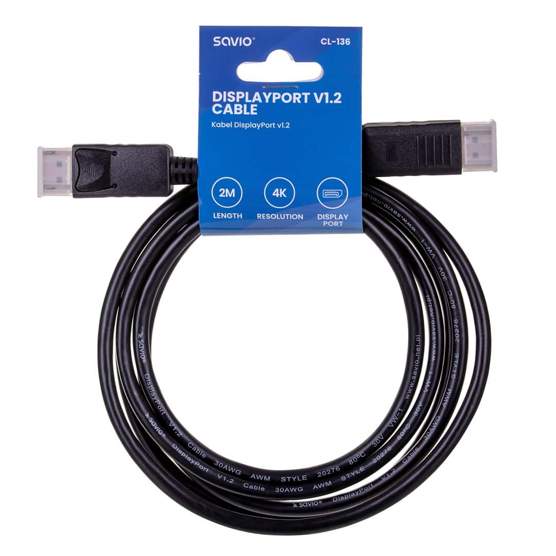 Kabel SAVIO CL-136 (DisplayPort M - DisplayPort M; 2m; kolor czarny) — zdjęcie 1 z 5