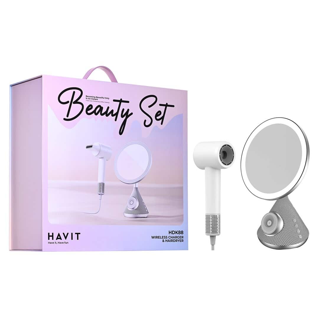 Zestaw Havit HDK88 Beauty Set: suszarka i lusterko kosmetyczne (z funkcjami ładowania bezp. + głośnik Bluetooth) — zdjęcie 1 z 8