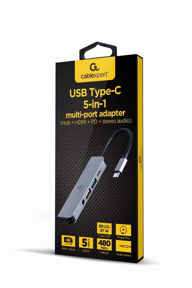 GEMBIRD MULTI ADAPTER USB TYP-C 5W1 (HUB + HDMI + PD + DŹWIĘK STEREO) SREBRNY — zdjęcie 1 z 3