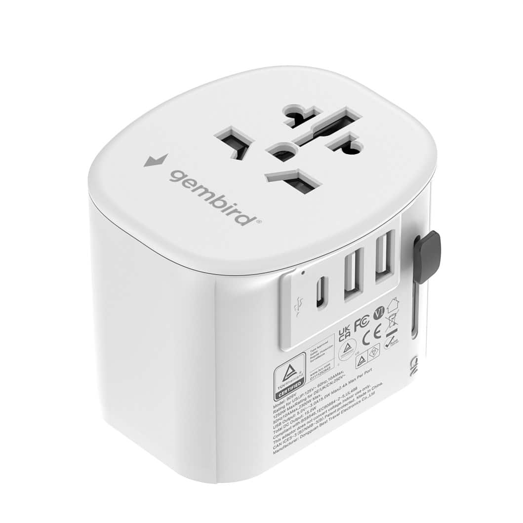 GEMBIRD UNIWERSALNY ADAPTER PODRÓŻNY Z UZIEMIENIEM 15 W, BIAŁY — zdjęcie 1 z 8