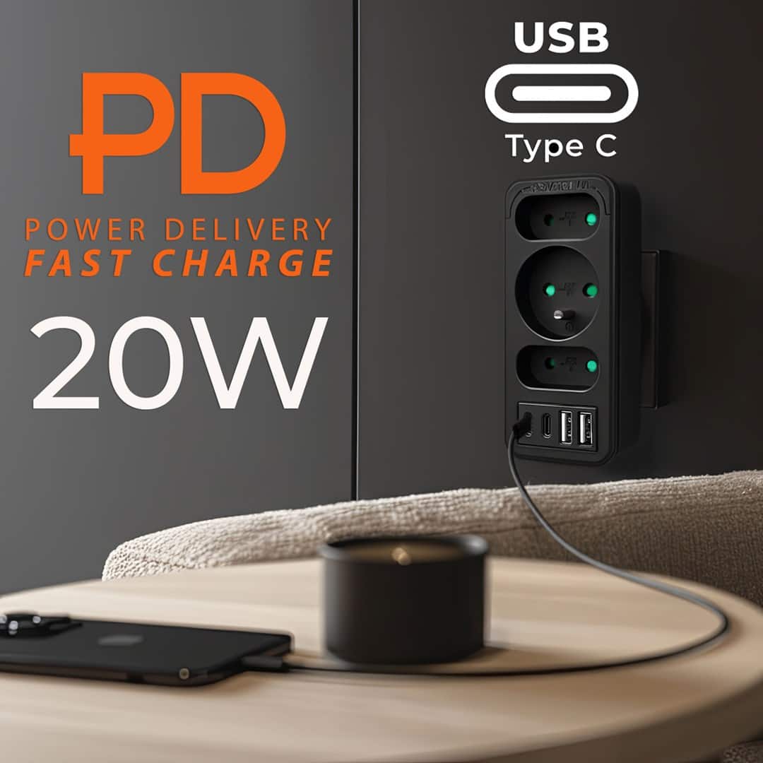 MACLEAN GNIAZDKO PRĄDOWE X3 + 4XUSB, ROZGAŁĘŹNIK Z 3 GNIAZDAMI, 2XUSB A, 2XUSB C PD 20W, 1X16A + 2X6A MCE248 F/B — zdjęcie 1 z 8