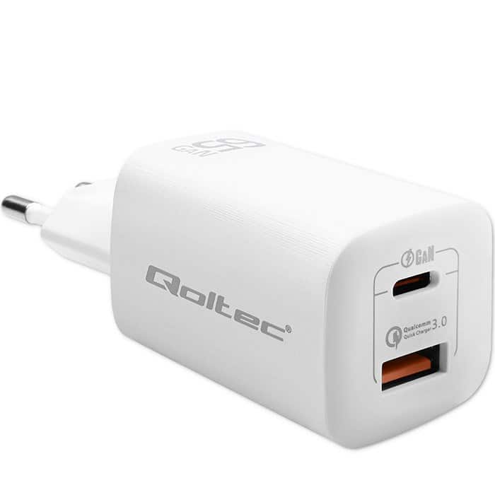 QOLTEC ŁADOWARKA SIECIOWA 65W GAN ULTRA | 5-20V | 2.25-3.25A | 1 X USB TYP C PD | 1 X USB QC 3.0 | BIAŁA — zdjęcie 1 z 3
