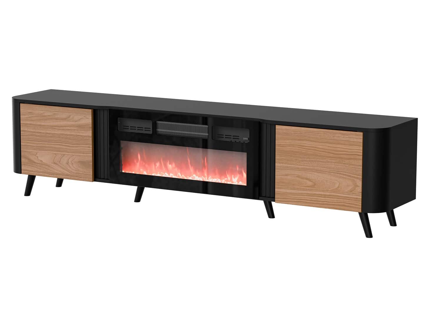 Szafka RTV VOLARE 200x39x49 czarny/orzech + kominek — zdjęcie 1 z 3