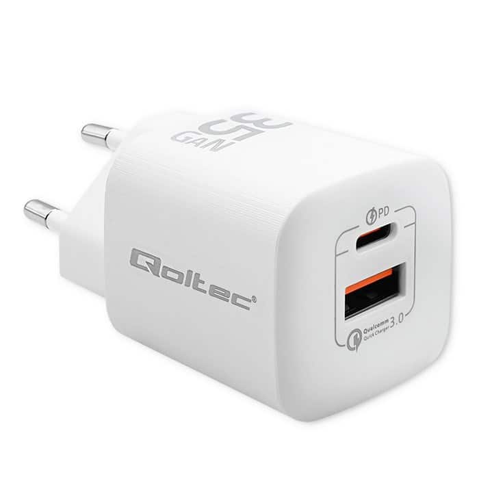 QOLTEC ŁADOWARKA SIECIOWA 35W GAN ULTRA | 5-20V | 2.25-3A | 1 X USB TYP C PD | 1 X USB | BIAŁA — zdjęcie 1 z 3