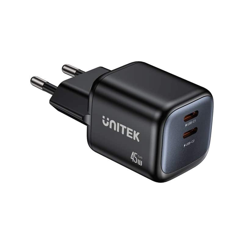 UNITEK ŁADOW. SIECIOWA 2X GAN 45W, 2XUSB-C PD 3.0, QC, CZARNA — zdjęcie 1 z 3