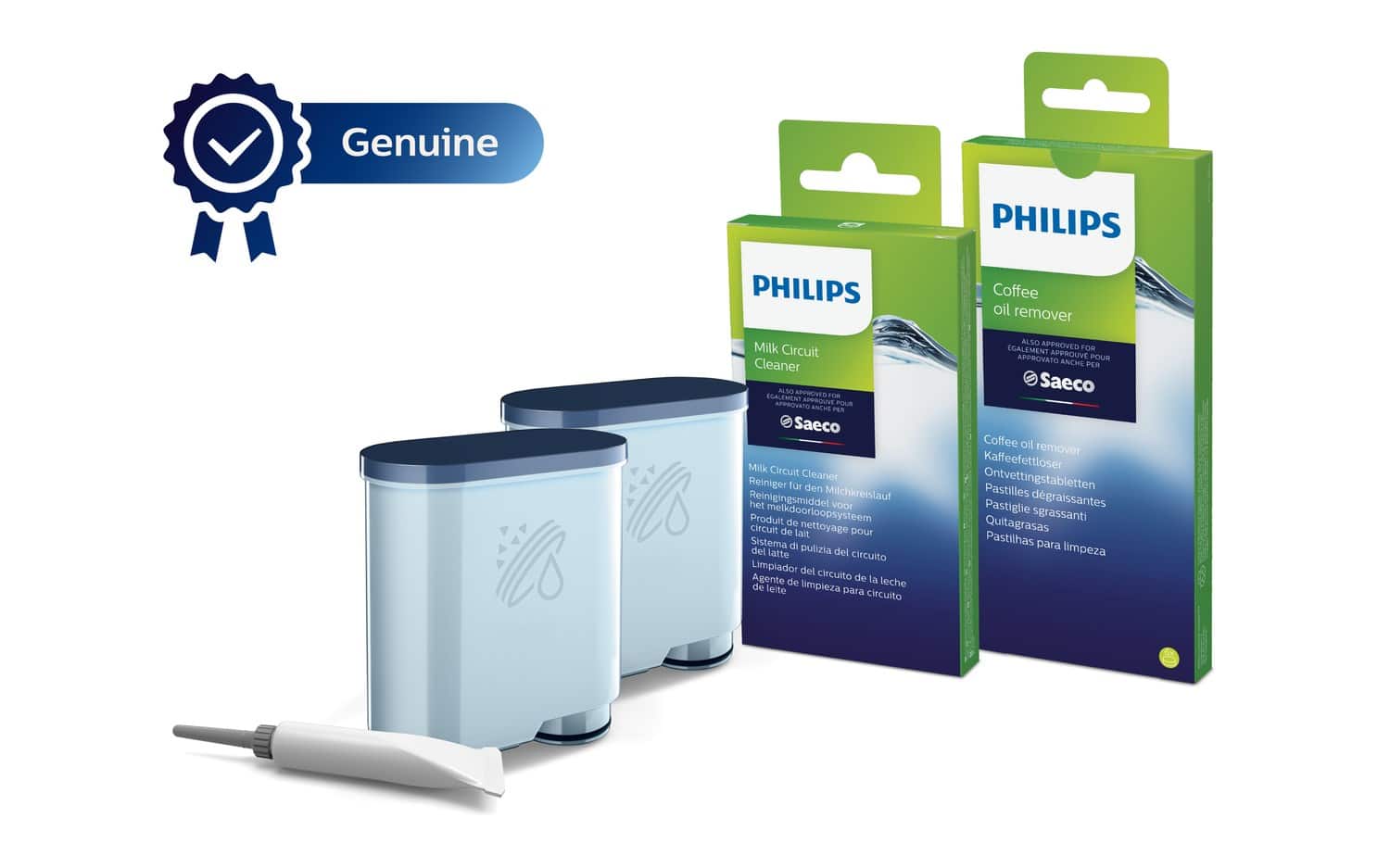 Zestaw akcesoriów do czyszczenia ekspresów Philips CA6707/10 (2 wkłady filtra AquaClean, 6 saszetek ze środkiem do czyszczenia obiegu mleka, 6 tabletek do usuwania oleju kawowego, Smar) — zdjęcie 1 z 4