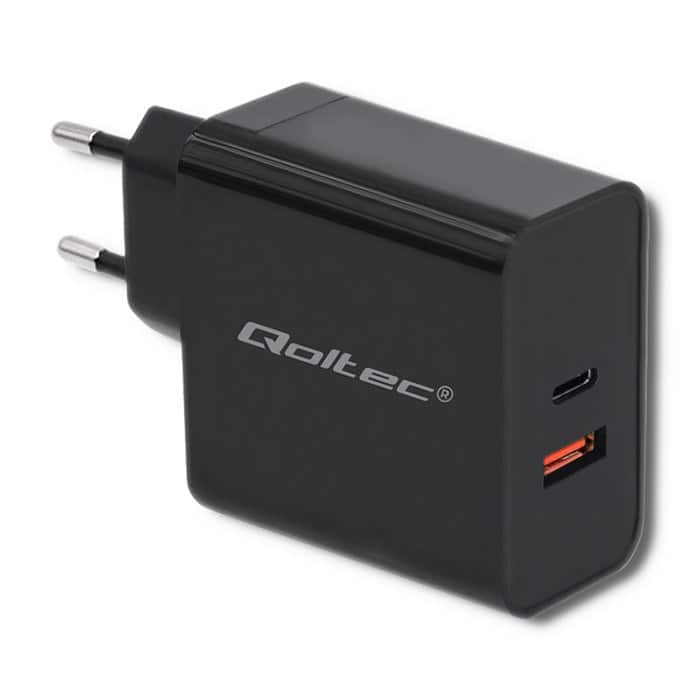 QOLTEC ŁADOWARKA SIECIOWA 63W | 5-20V | 1.5-3A | USB TYP C PD | USB QC 3.0 | CZARNA — zdjęcie 1 z 5