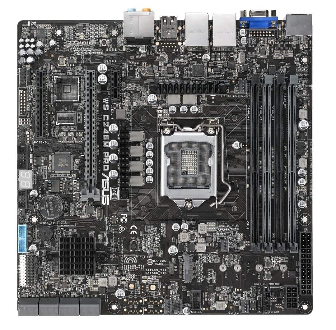 ASUS WS C246M PRO , 1 x Socket LGA1151, Intel C246 Chipset,4x DDR4 2666  UDIMM non-ECC/ECC, 3x PCIe 3.0, 8x SATA, Intel Rapid Storage Technology, 1x Intel® I210AT, 1x i219-LM, 2x USB 2.0, 1x USB 3.0, 1x M.2, 1x VGA Header, micro-ATX — zdjęcie 1 z 6