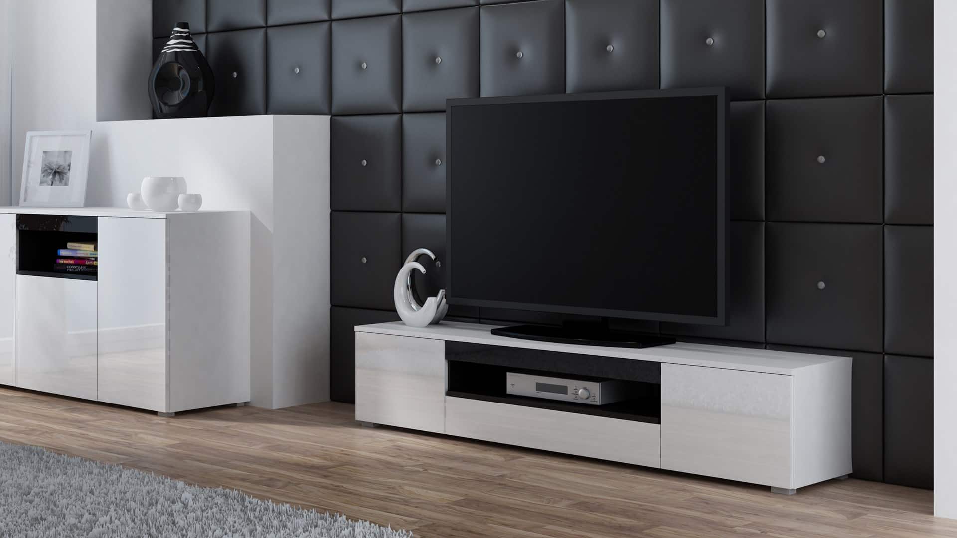 Szafka RTV VIVA 180 biały/biały połysk+czarny — zdjęcie 1 z 4
