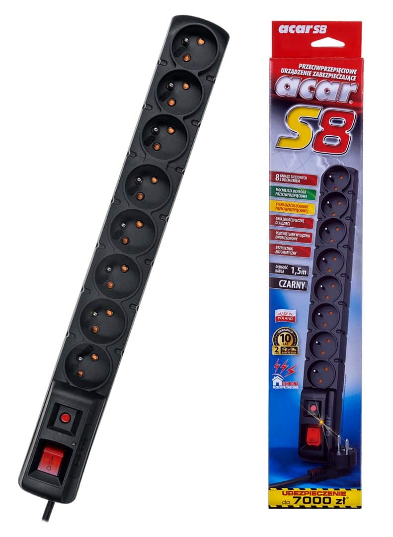 Listwa przeciwprzepięciowa HSK DATA ALP-ACARS8---0N (8 x UTE; 10 A; 1,5m; kolor czarny) — zdjęcie 1 z 8