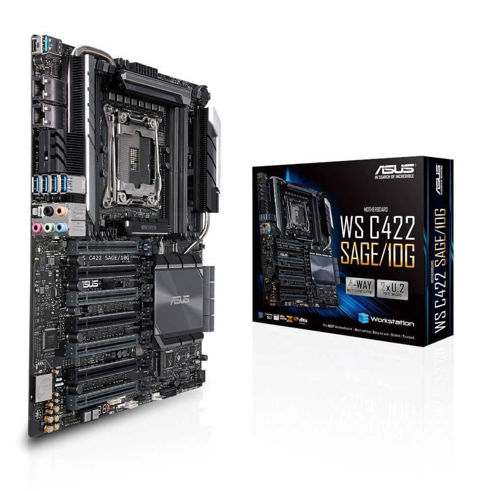 ASUS WS C422 SAGE/10G, Intel C422,  1x Intel Socket 2066, 8x DDR4 2666 RDIMM/LRDIMM, 7 x PCIe 3.0, VIDIA 4-Way SLI/AMD 4-Way CrossFireX, 1x M.2 Socket 3, 8x SATA, 2x U.2, 2 x 10Gb Intel X550-AT2, Realtek ALC S1220A 7.1, 6x USB 3.1 Gen 1, 3x USB 3.1 Gen 2, — zdjęcie 1 z 8