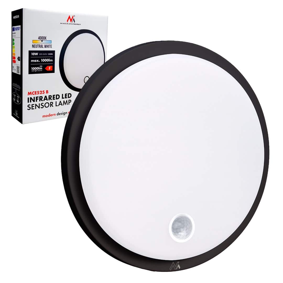 MACLEAN LAMPA LED Z CZUJNIKIEM RUCHU, CZUJNIK PIR, KOLOR CZARNY, 10W, IP65, 1000LM, BARWA NEUTRALNA MCE525 B — zdjęcie 1 z 8
