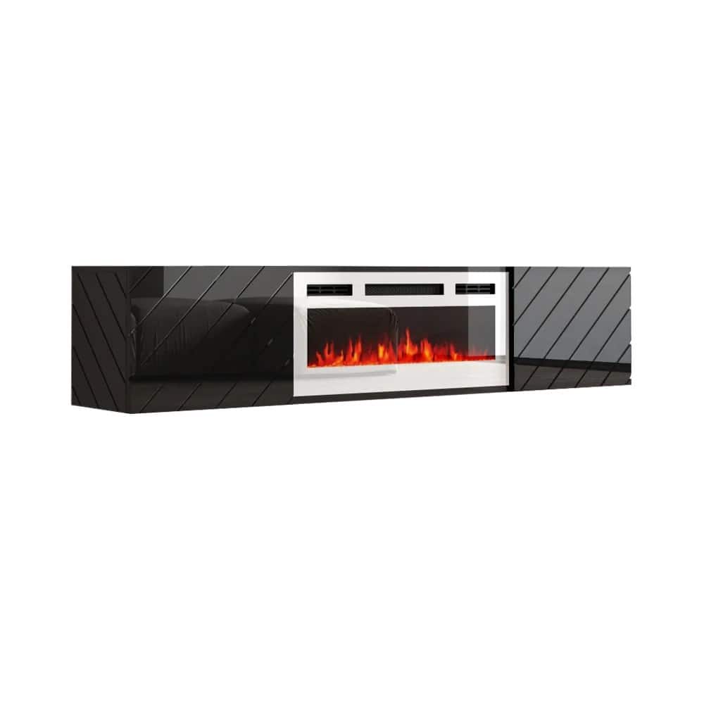 Szafka RTV LUXE 182,6x34,5x37,5 czarny/czarny połysk + biały kominek — zdjęcie 1 z 4