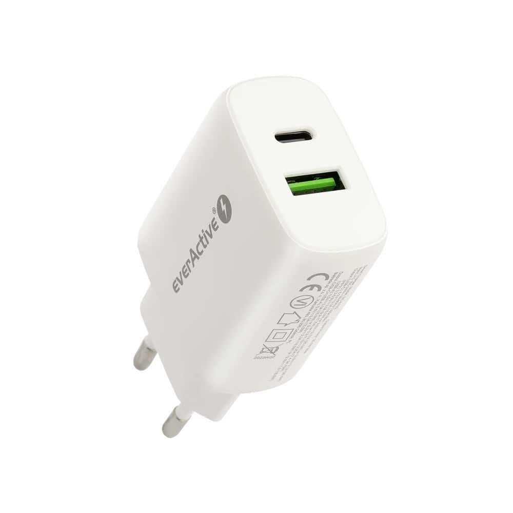 EVERACTIVE ŁADOWARKA SIECIOWA 1 X USB QUICK CHARGE 3.0 ORAZ 1 X USB-C PD PPS 25W BIAŁA SC-370Q — zdjęcie 1 z 7