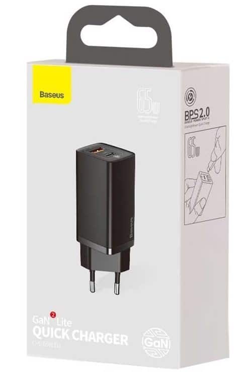 Ładowarka sieciowa Baseus GaN2 Lite, USB + USB-C, 65W, EU (czarna) — zdjęcie 1 z 2