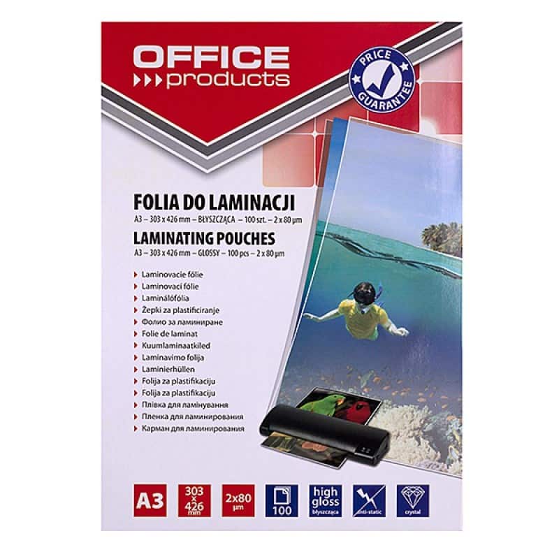OFFICE PRODUCTS Folia do laminowania, A3, 2x80mikr., błyszcząca, 100szt., transparentna — zdjęcie 1 z 3