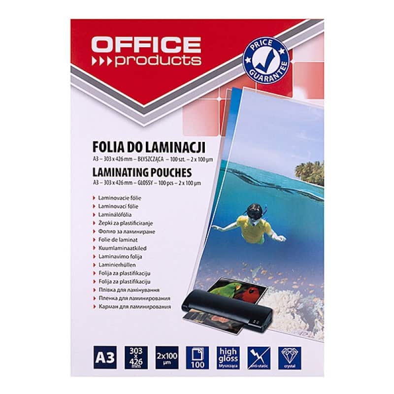 OFFICE PRODUCTS Folia do laminowania, A3, 2x100mikr., błyszcząca, 100szt., transparentna — zdjęcie 1 z 4