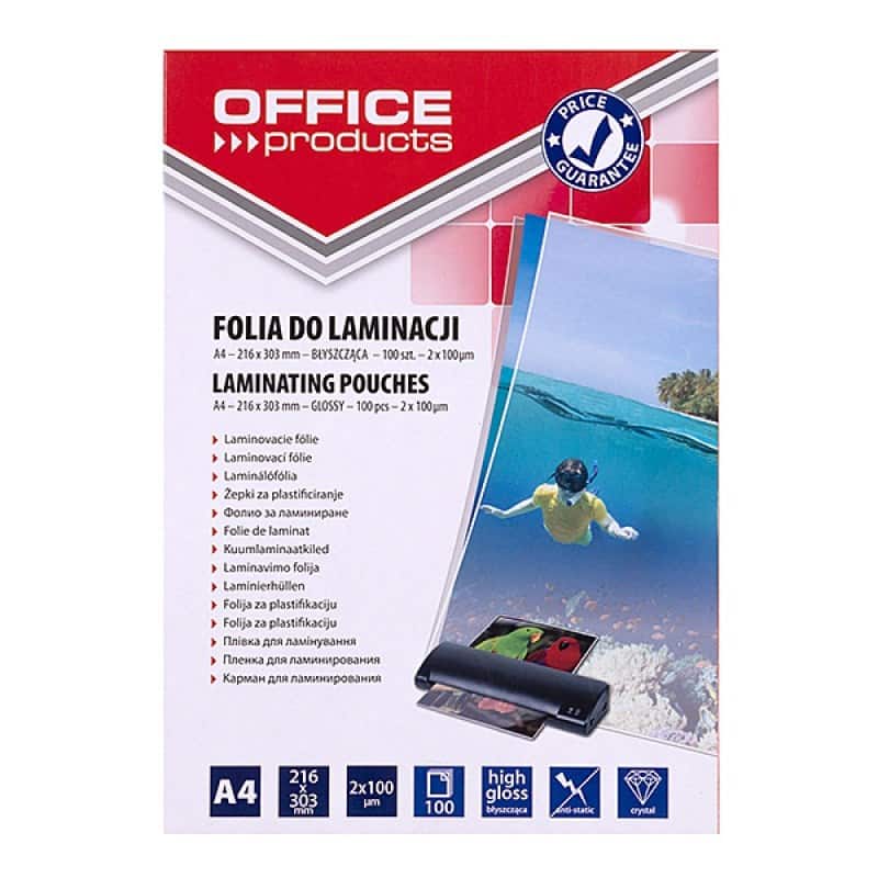 OFFICE PRODUCTS Folia do laminowania, A4, 2x100mikr., błyszcząca, 100szt., transparentna — zdjęcie 1 z 3
