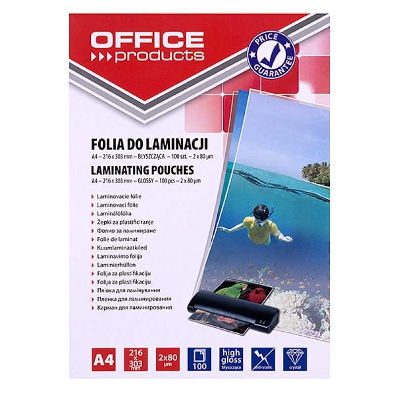 OFFICE PRODUCTS Folia do laminowania, A4, 2x80mikr., błyszcząca, 100szt., transparentna — zdjęcie 1 z 4
